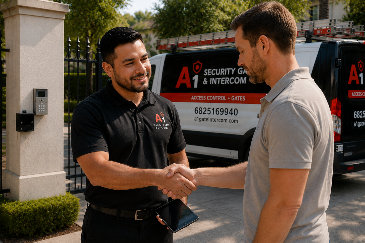 A1 Security Gate & Intercom technician with a satisfied customer beside the company van in DFW