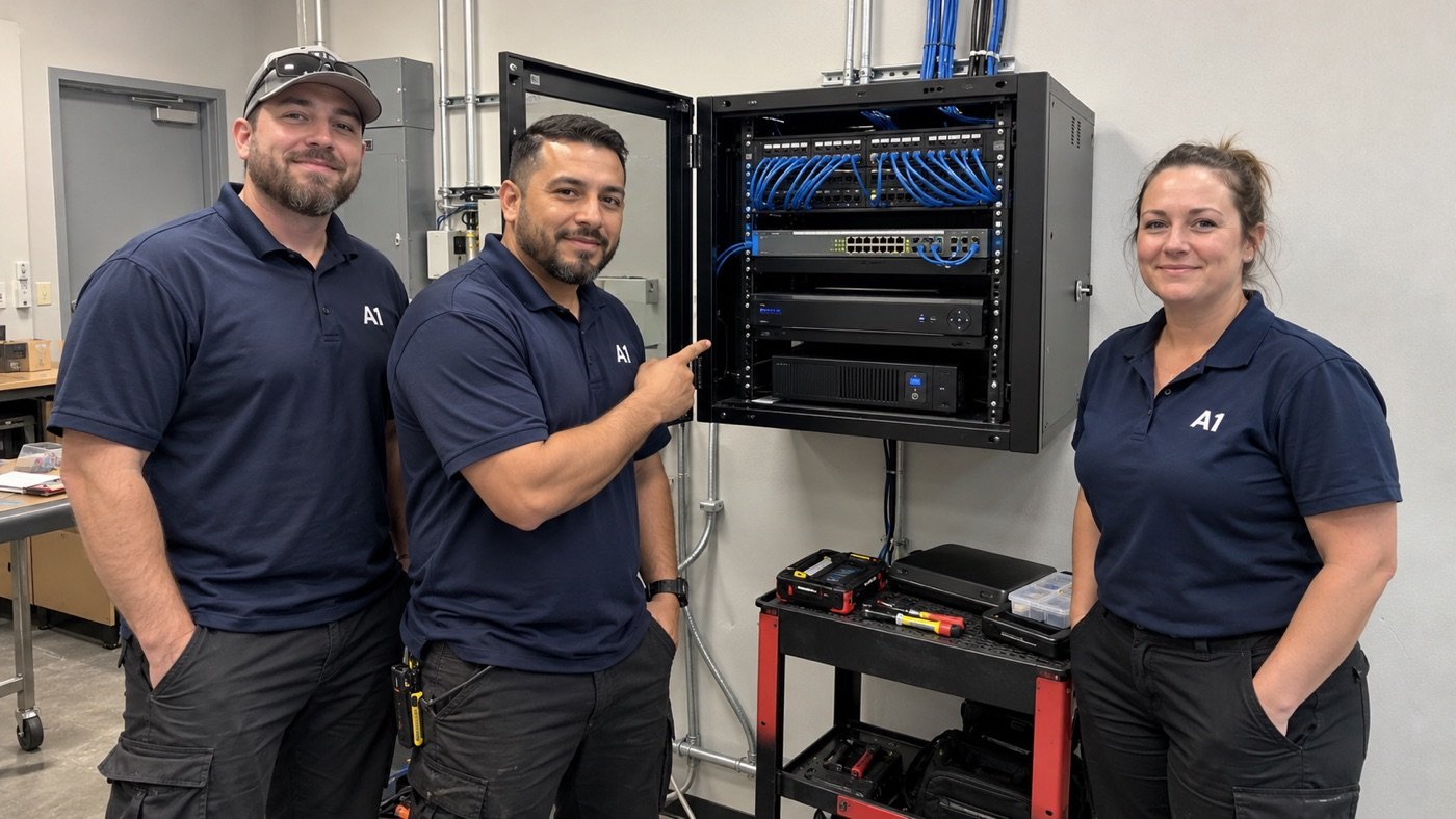 A1 Security Gate & Intercom team next to a wall-mounted network rack with patch panels, a PoE switch and a video recorder