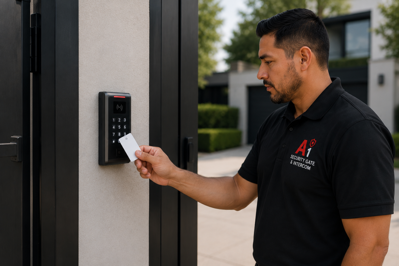 A1 Security Gate & Intercom - Allen technician using a card reader on a commercial gate in Allen TX