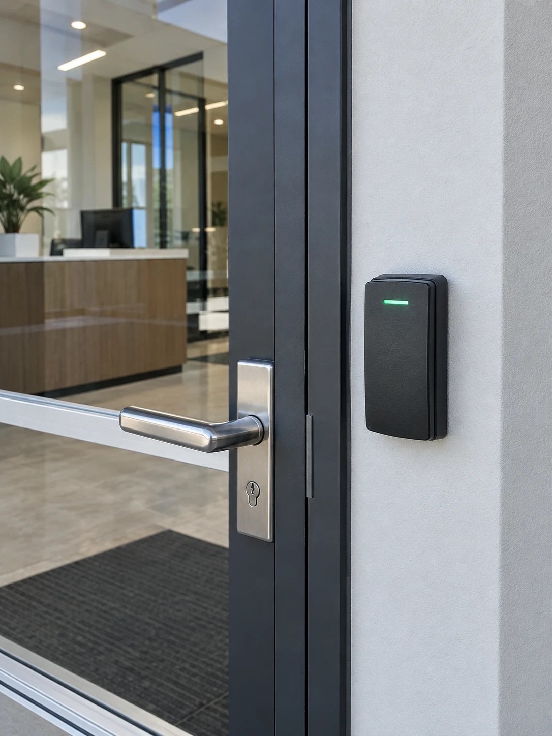 Access control card reader with a green status light beside a glass office entrance door in Dallas-Fort Worth