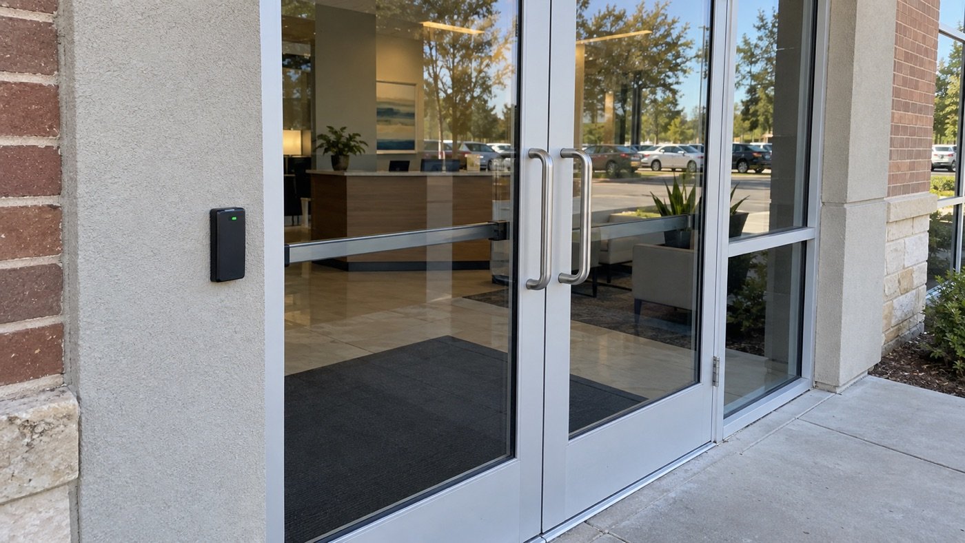 Aluminum and glass double doors with an exit bar and a card reader on the wall beside them at an office entrance