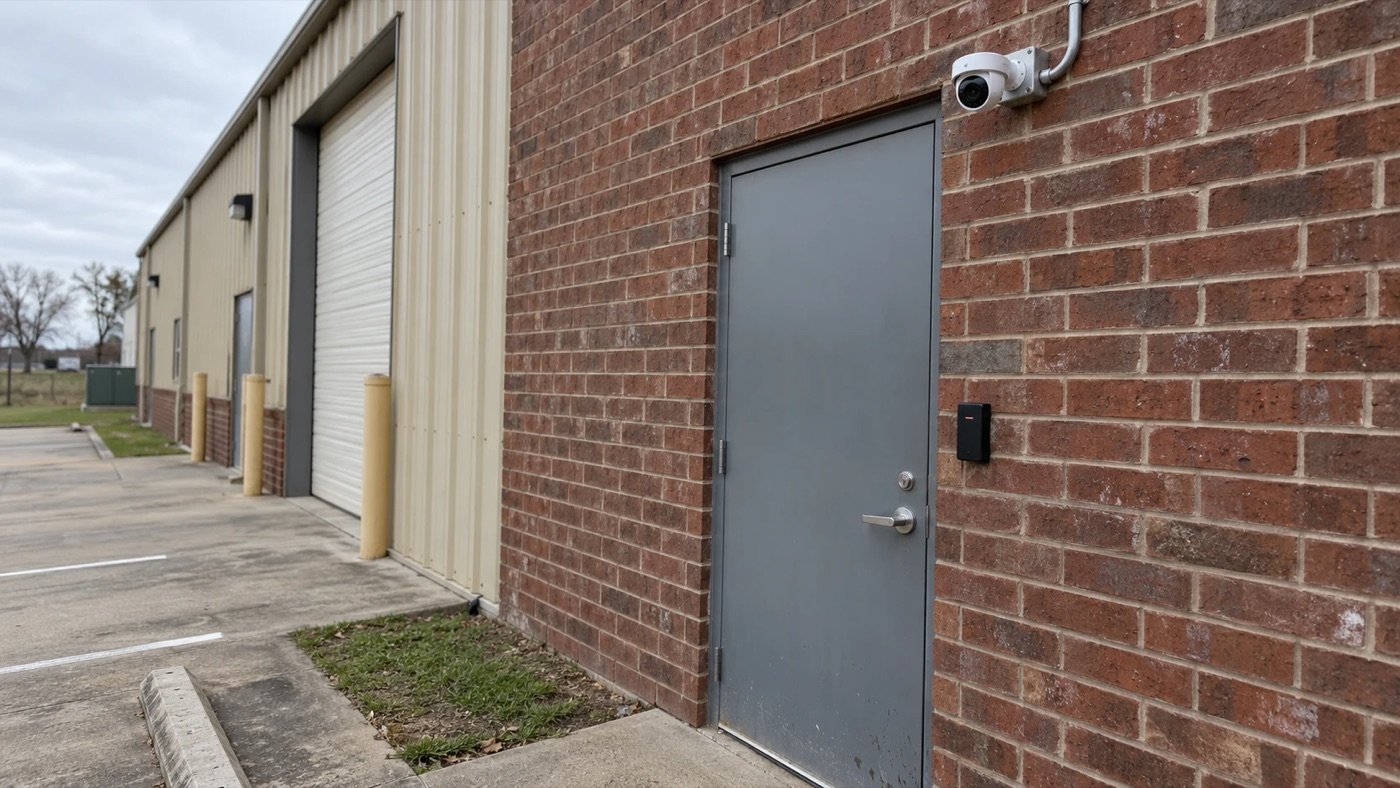 Rear steel service door with a security camera and card reader next to a roll-up loading door, an example for Carrollton, TX warehouses and flex buildings