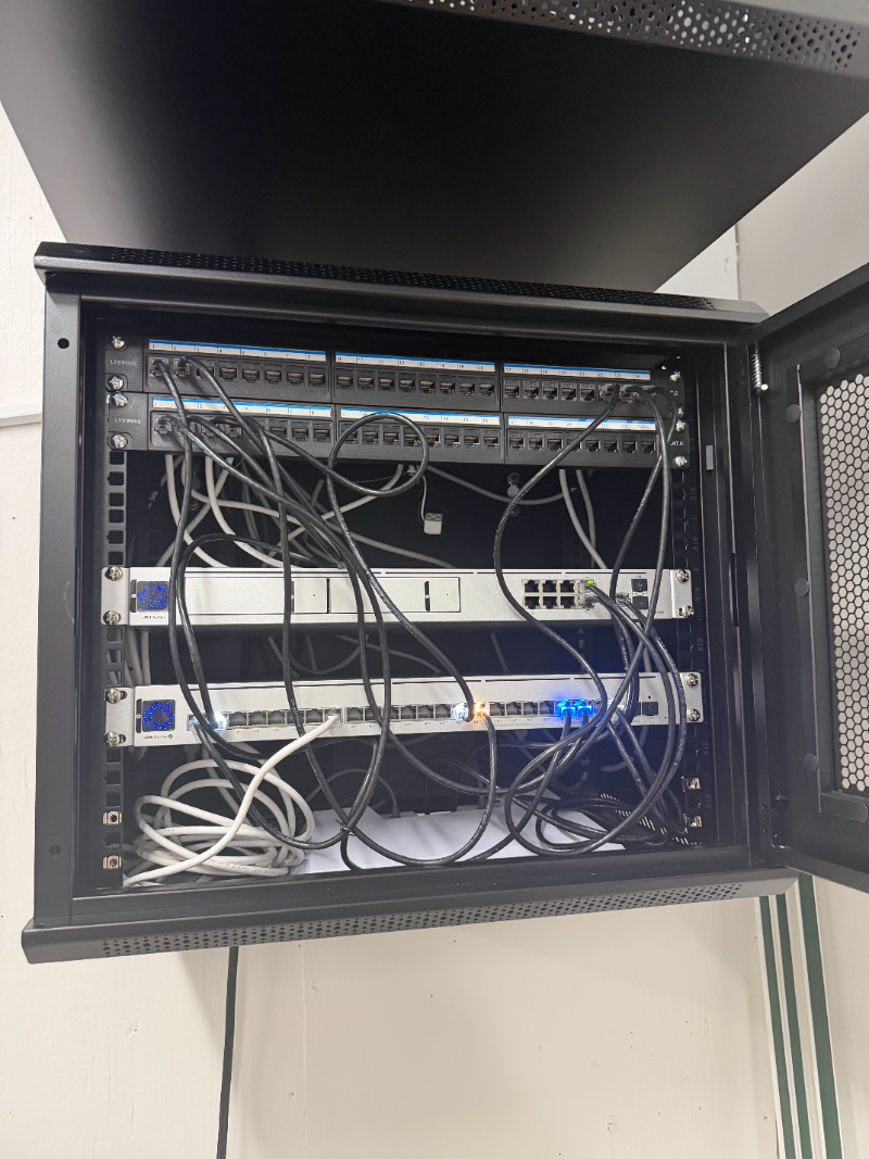 Commercial network and security equipment rack installed by A1 Security in a Dallas business