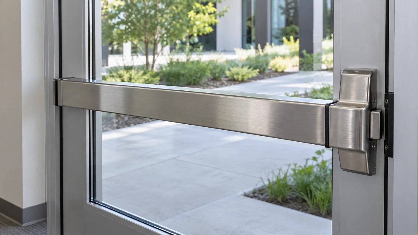 Stainless steel panic bar exit device on an aluminum and glass commercial door
