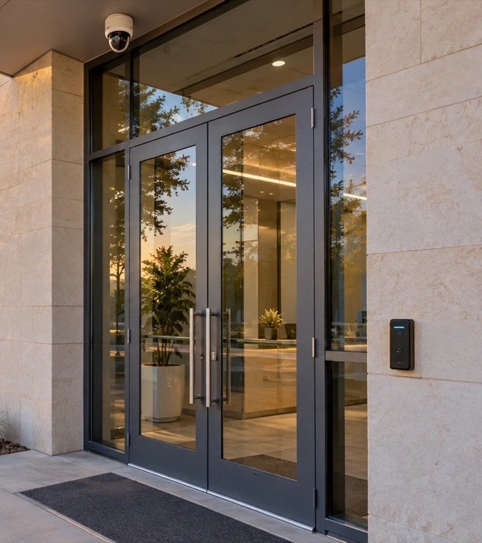 Glass office entrance with a dome security camera above the doors and a card reader beside them, representing commercial security camera and access control installation in Dallas-Fort Worth