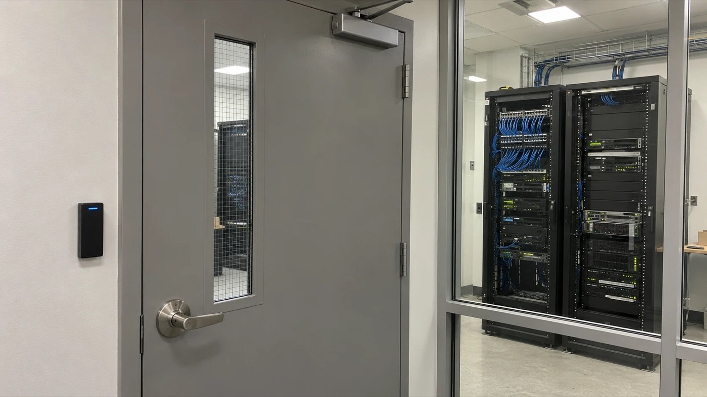 Steel equipment room door with a card reader, an example of restricted-room access control for Duncanville, TX facilities
