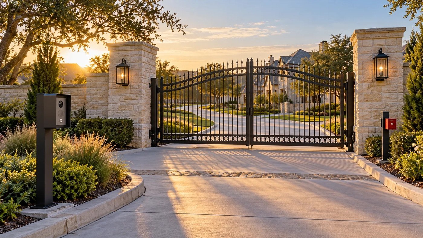 Wrought-iron automatic swing gates between stone pillars with lanterns and a video call box at a gated community entrance in Fairview, TX