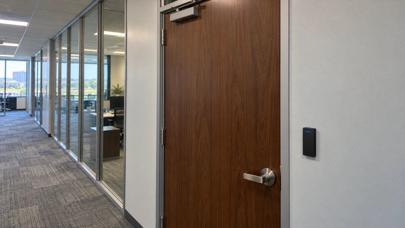 Wood office suite door with a card reader in a corporate corridor, an example for Fairview, TX offices and clinics