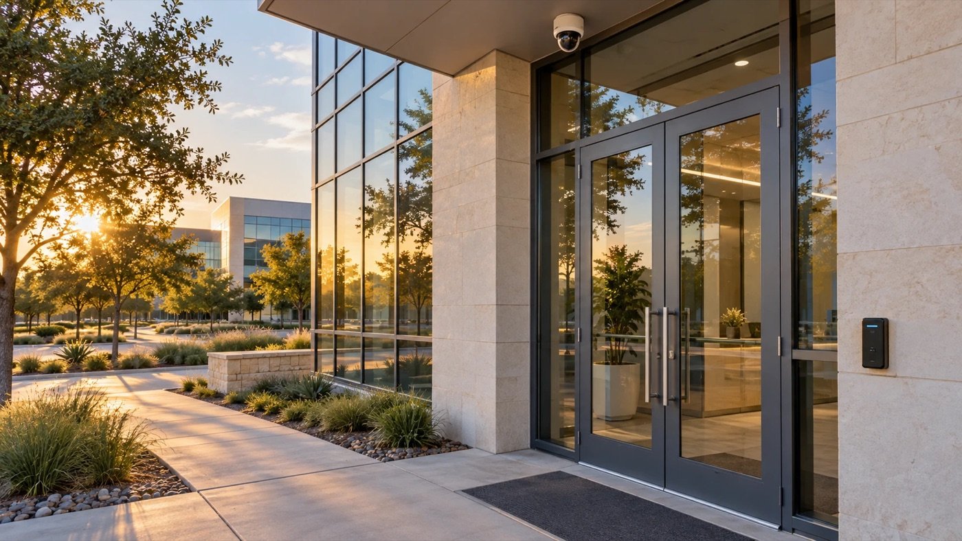 Glass office entrance with a dome security camera above the door and a card reader beside it, an example setup for Farmers Branch, TX businesses