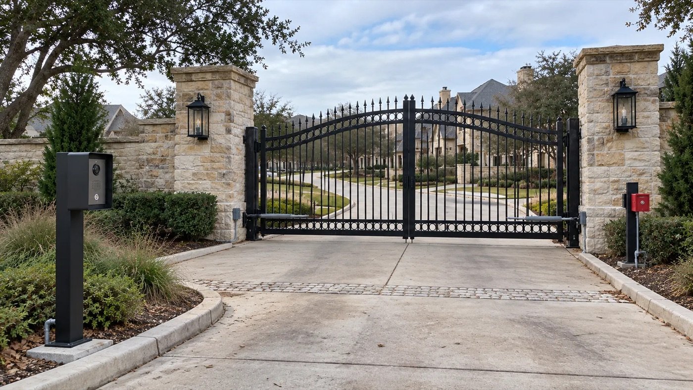 Gated community entrance with iron swing gates, stone pillars and a video call box pedestal for guests in DFW