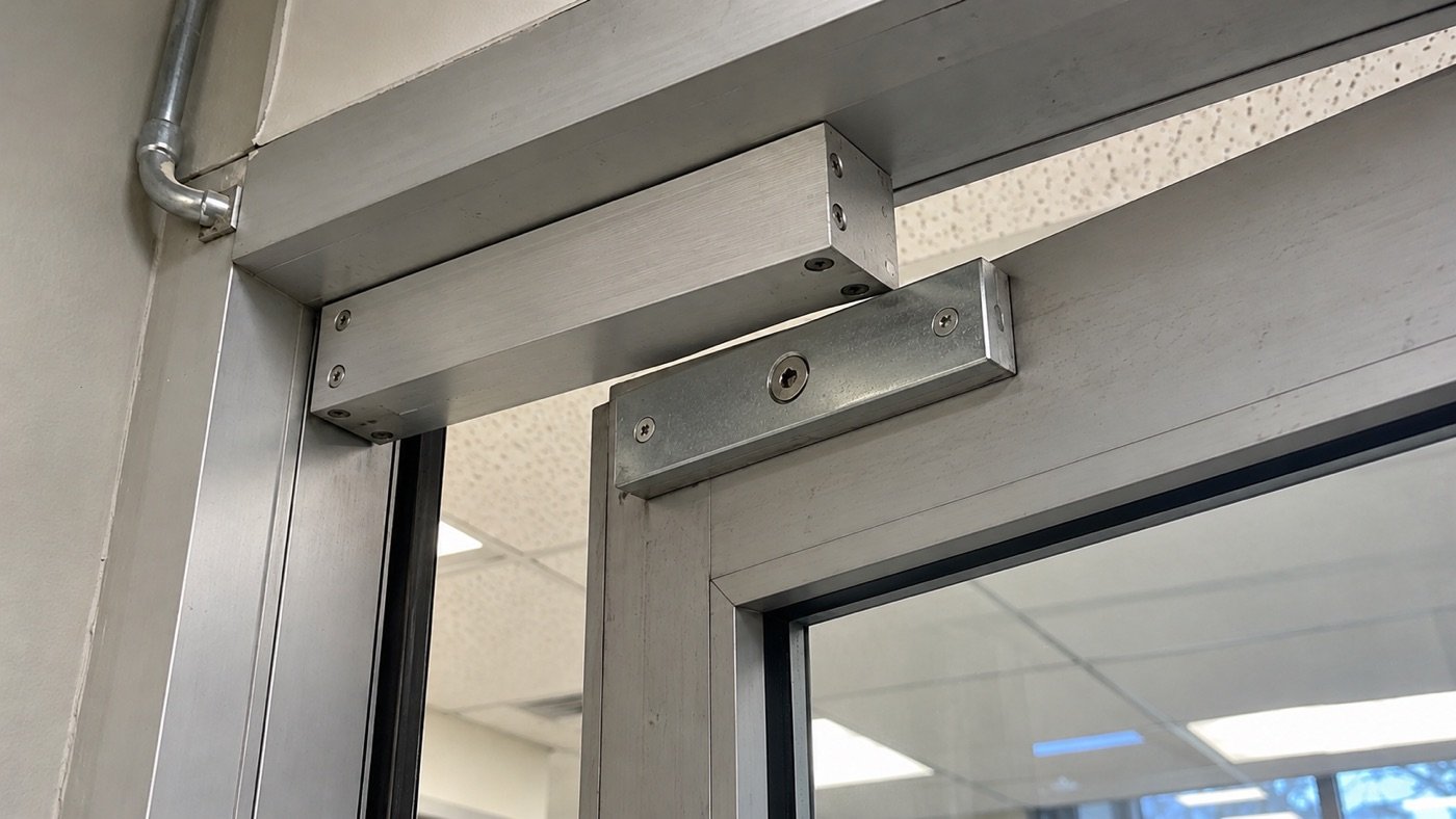 Surface-mounted magnetic lock on an aluminum door frame header with the armature plate on a glass storefront door, conduit feeding the lock, an example for DFW offices