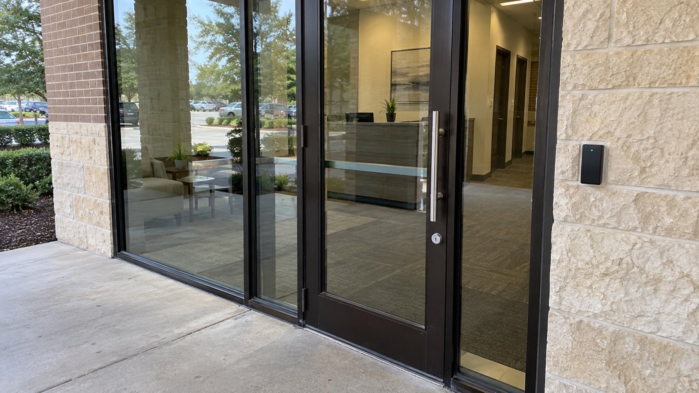 Dark bronze storefront door with a card reader on a limestone wall at a medical or professional office entrance, an example for McKinney, TX