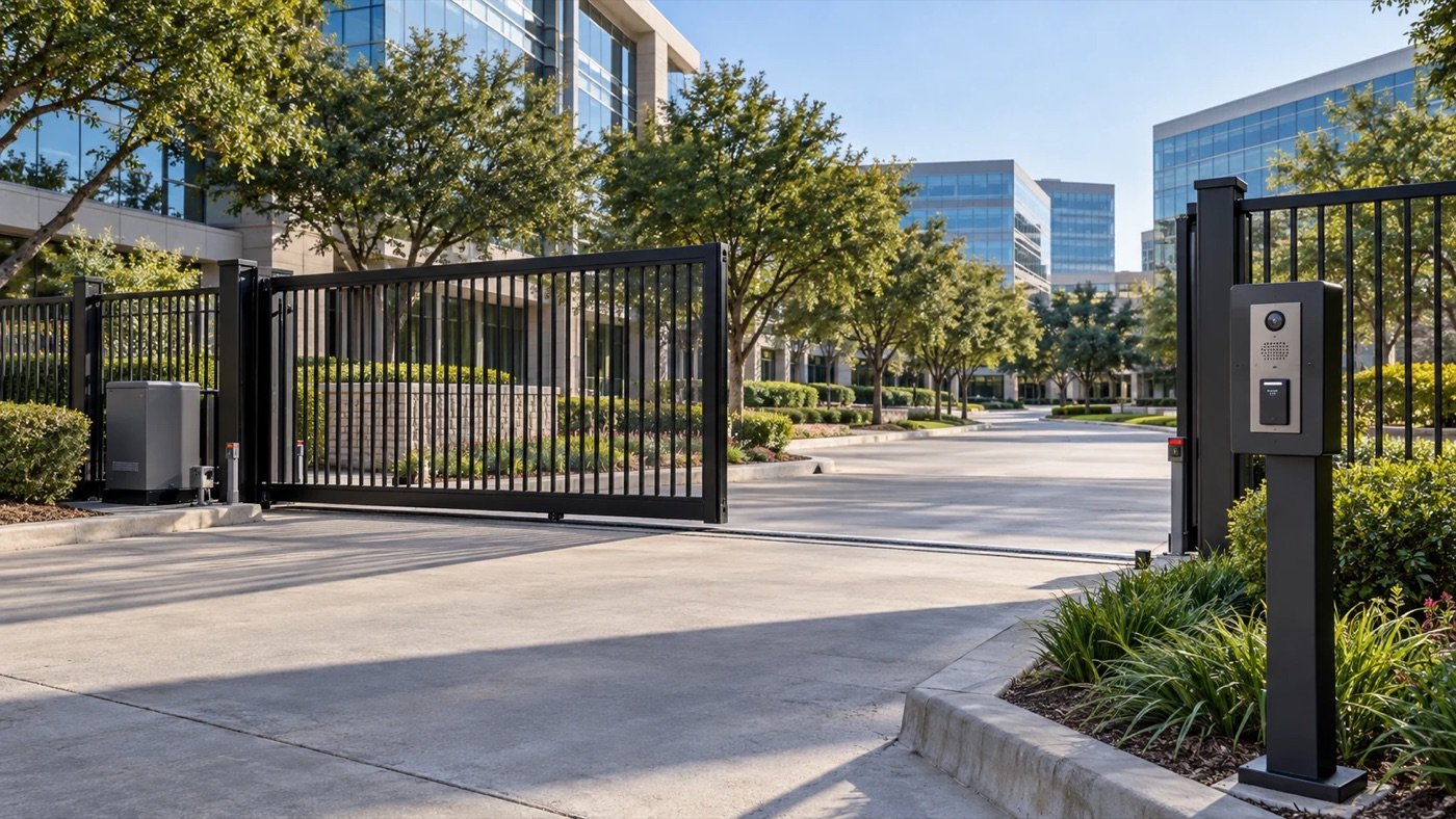 Automatic slide gate with a gate operator and a video call box pedestal at a commercial entrance, an example for Mesquite, TX properties