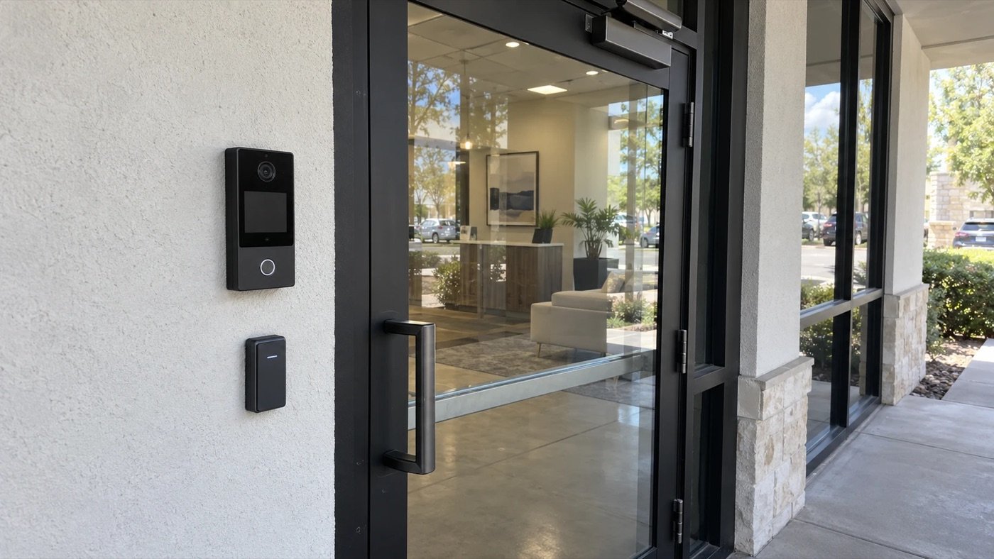 Video intercom and card reader mounted beside a glass office lobby entrance in Dallas-Fort Worth