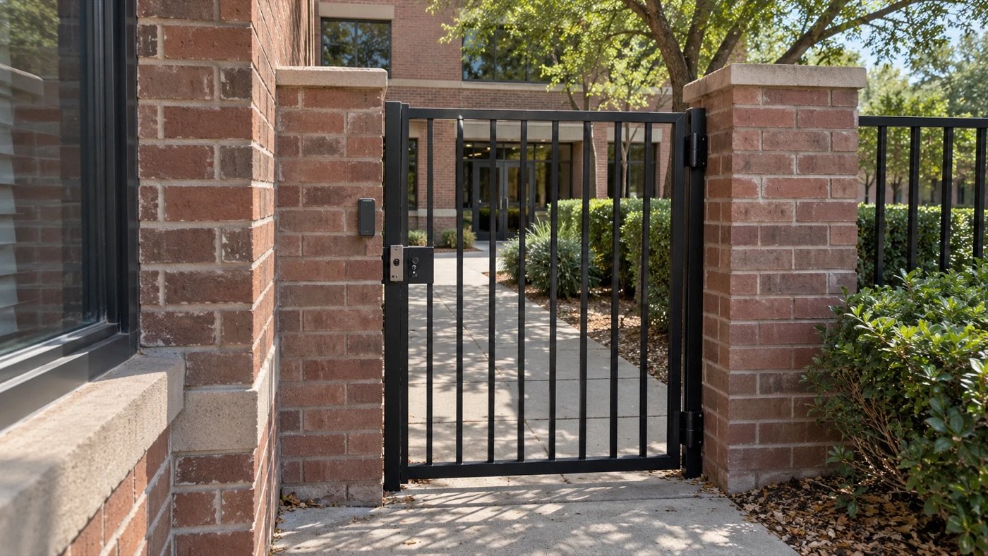 Black steel pedestrian gate between brick columns with a card reader and magnetic lock, an example of amenity or courtyard access in Parker, TX