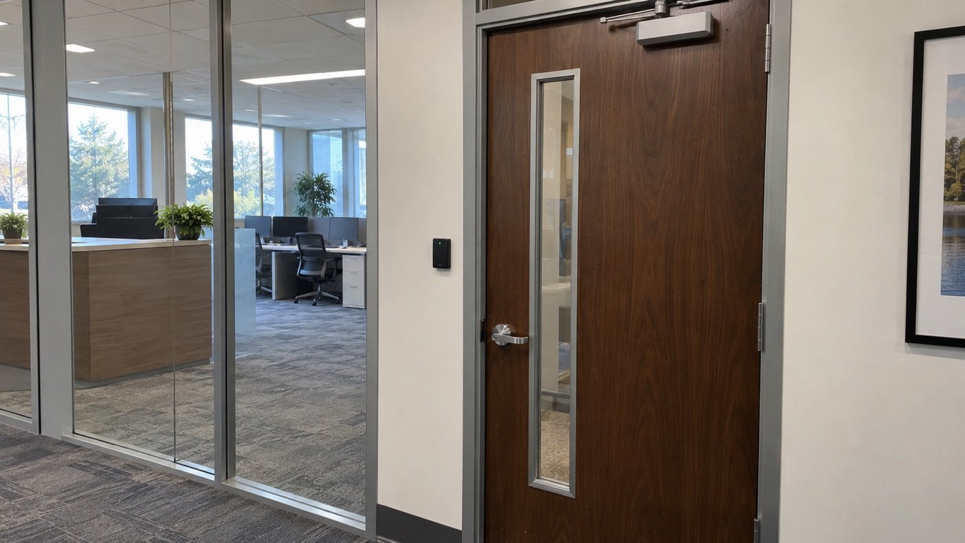 Wood office door with a narrow glass lite and a card reader on the wall beside it, next to a glass-walled open office, an example for Plano, TX offices