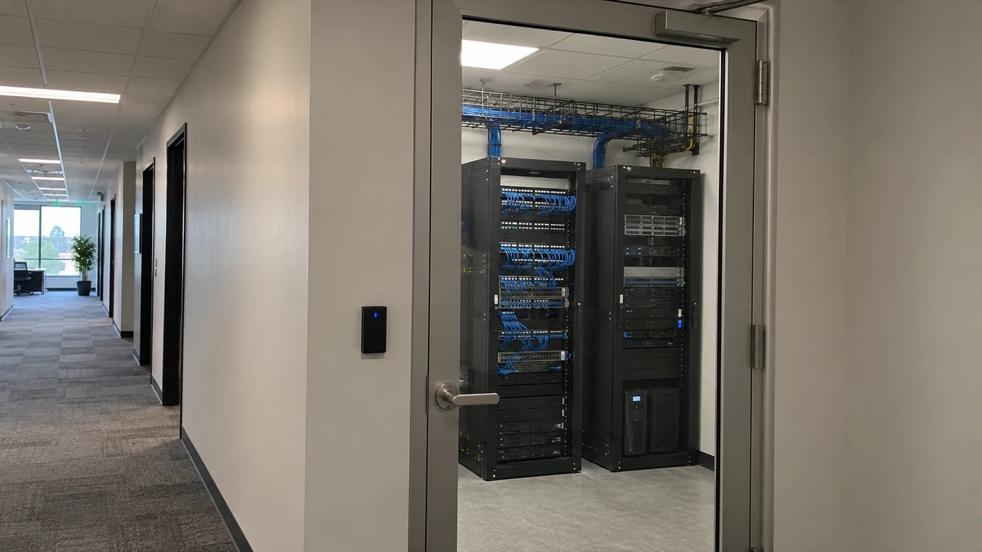 Card reader controlling the door to a server and network room off an office hallway, an example for Plano, TX offices