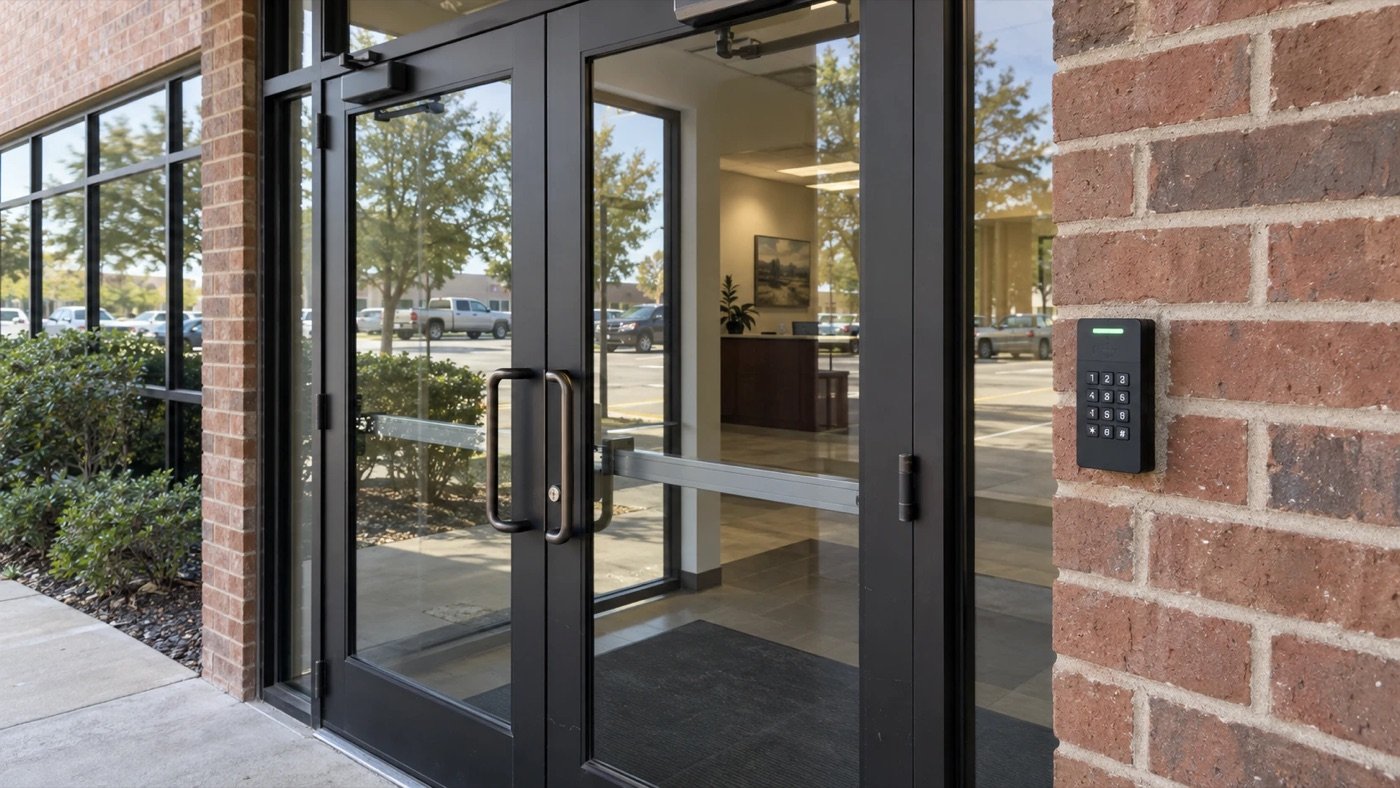 Glass double doors with exit bars and a keypad reader on a brick wall, an example business entrance for Sachse, TX