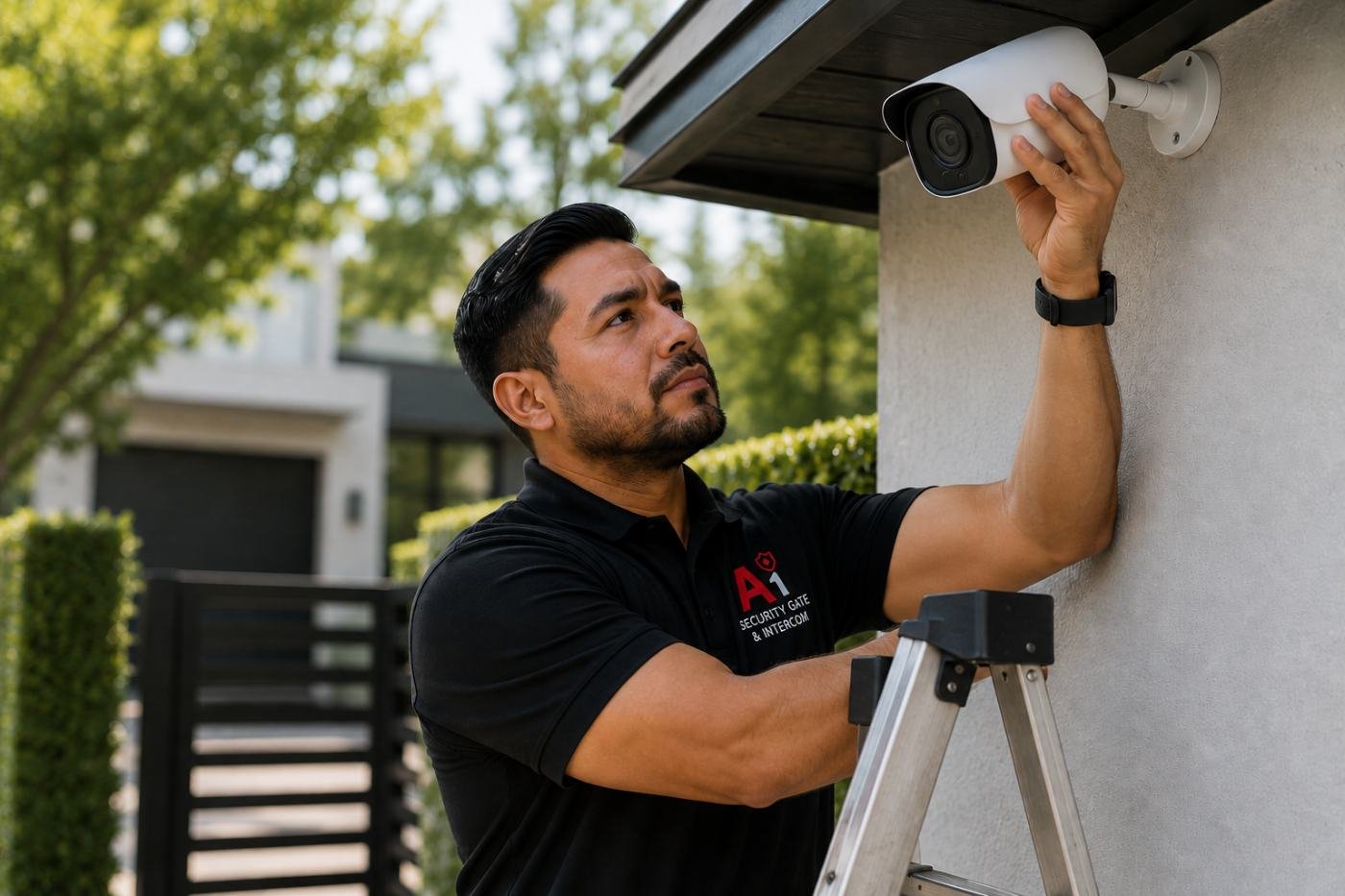 Technician servicing a security camera system during a maintenance visit in Dallas
