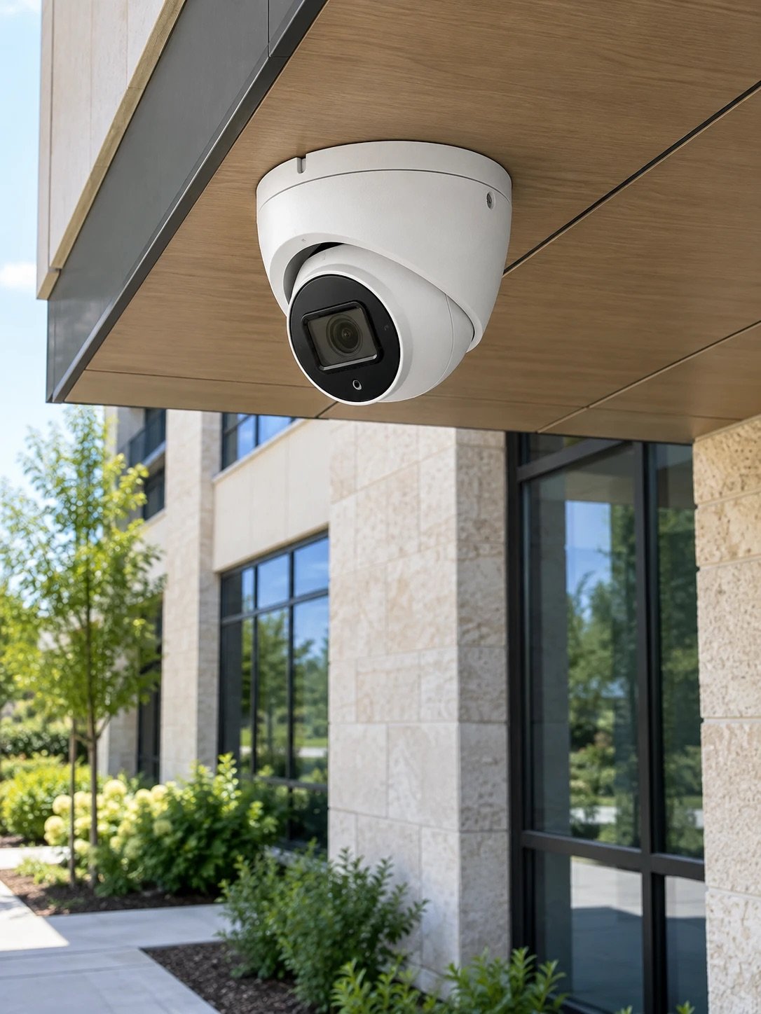 White turret dome security camera mounted under the entrance canopy of a commercial office building in DFW