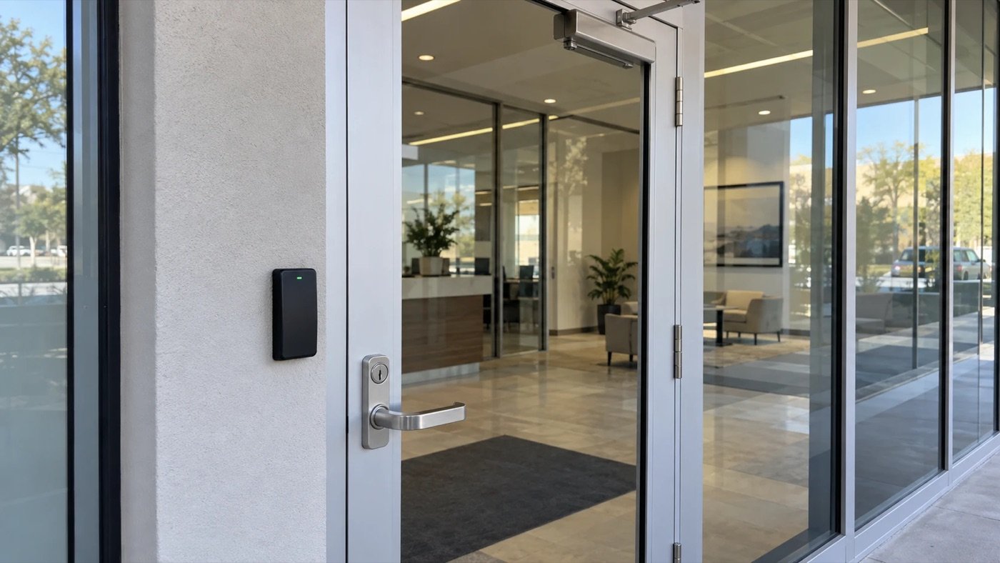 Aluminum and glass office entrance with a card reader beside the door, an example for The Colony, TX businesses