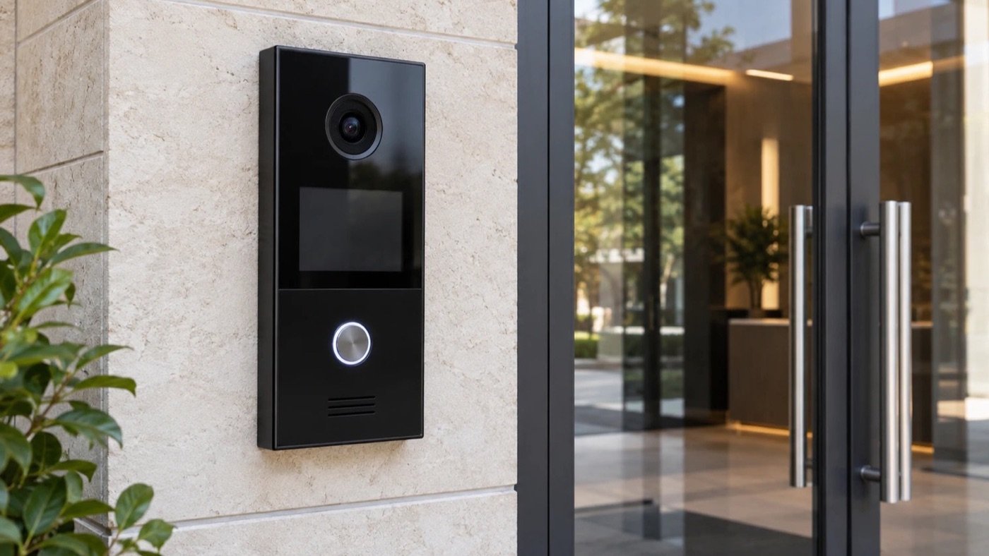 Video intercom entry panel with camera, display and call button on a stone wall beside glass office doors