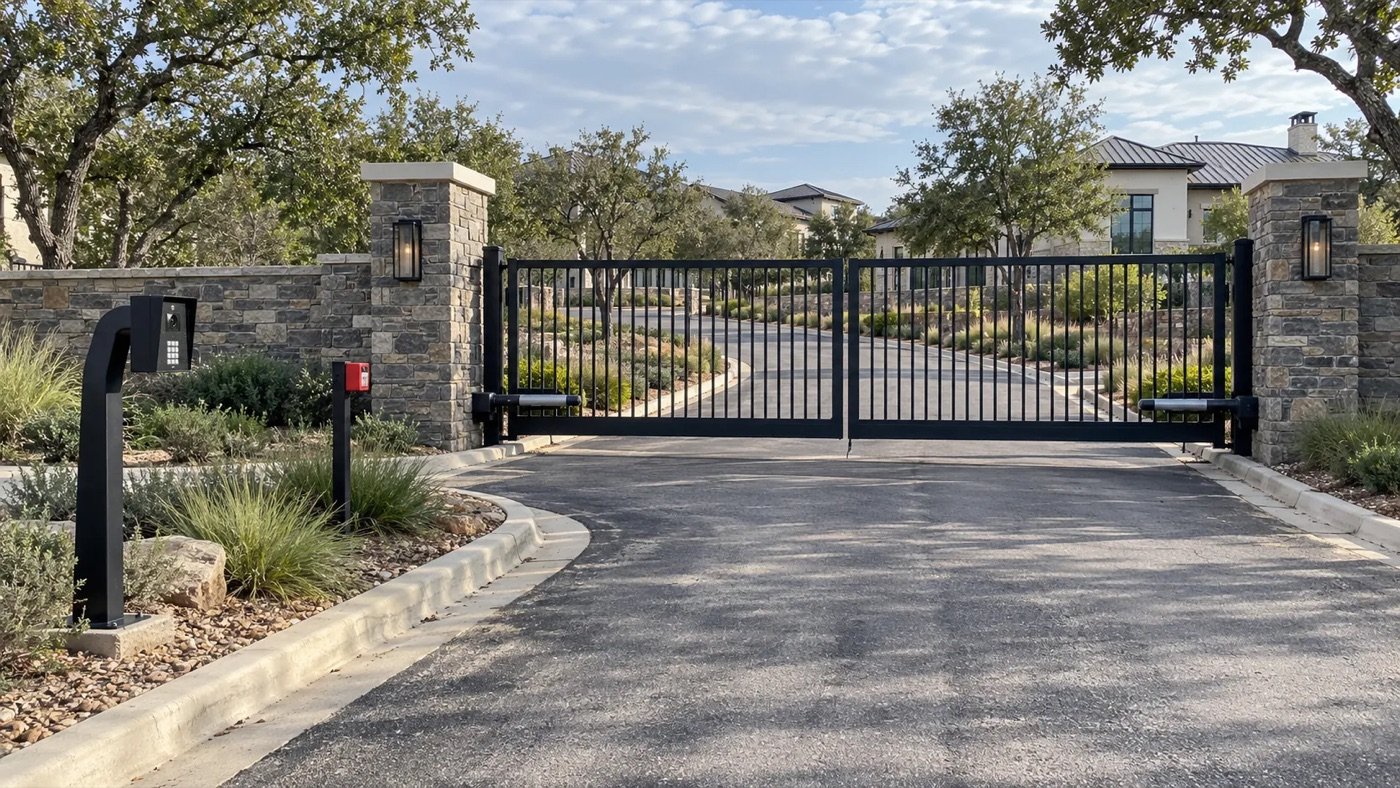 Community entry gate with swing gate operators, a keypad call box on a gooseneck pedestal and a fire department access box, an example for Wylie, TX